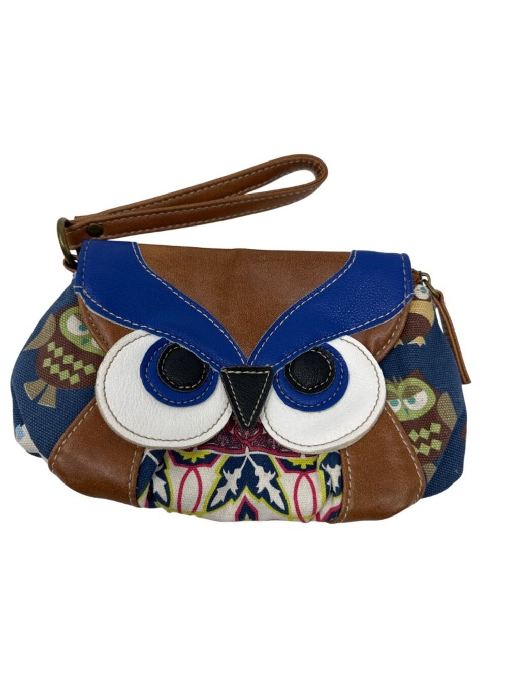 Unionbay Owl Canvas Faux Leather Magnetic Snap Zippered Compartment Wristlet
